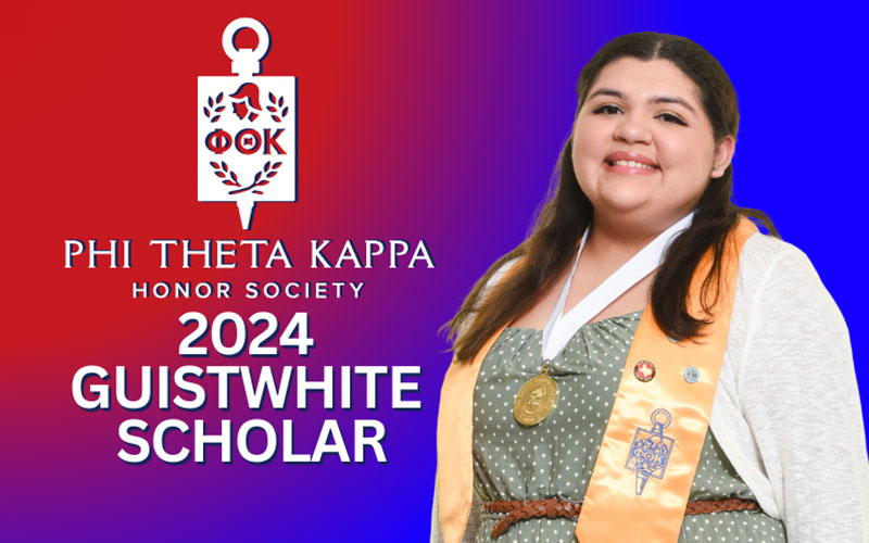 Jocelyn Garcia poses for a photo wearing the yellow Phi Theta Kappa stole on a red and blue gradient background. The Phi Theta Kappa Honor Society logo and the words 2024 Guistwhite Scholar in white font are placed next to her photo.