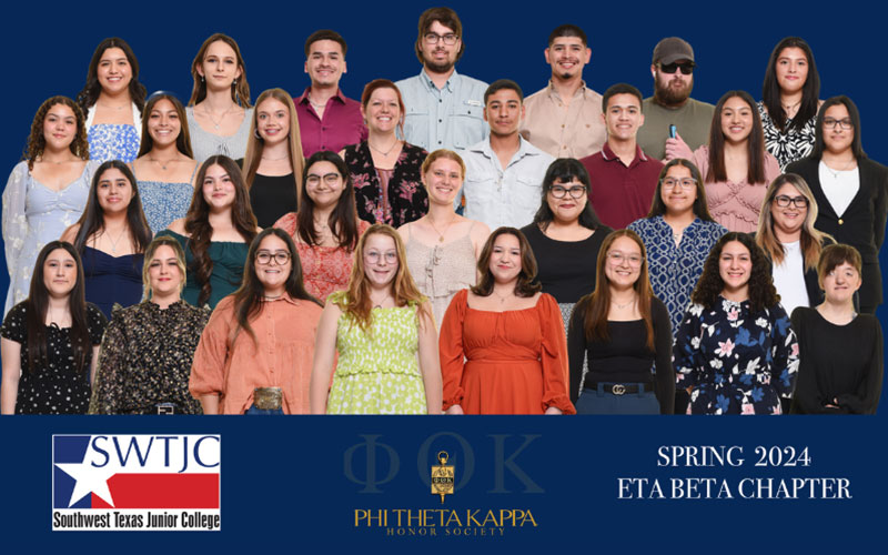 Spring 2024 Phi Theta Kappa Eta Beta Chapter inductees pose for a photo in front of a dark blue background.