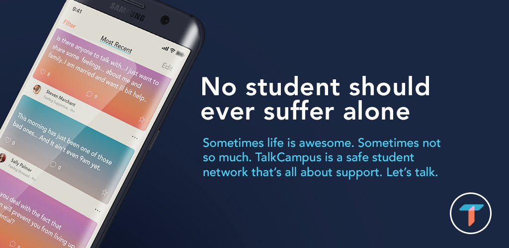 TalkCampus Banner, Informative Text: TalkCampus is a safe student network that's all about support. Let's talk.