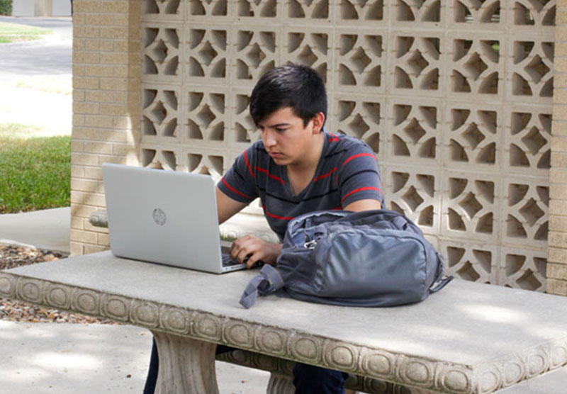 male student studying outdoors on a laptop
