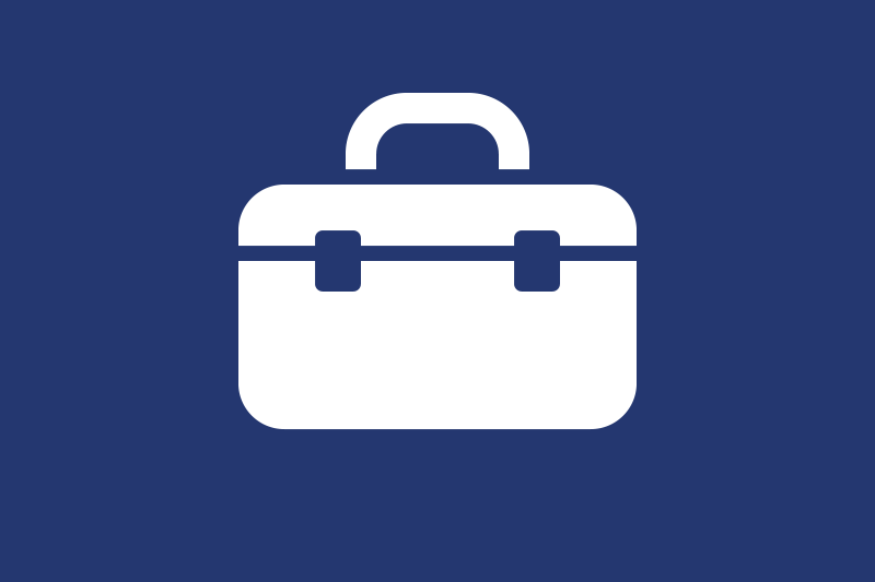 White suitcase icon on a blue background