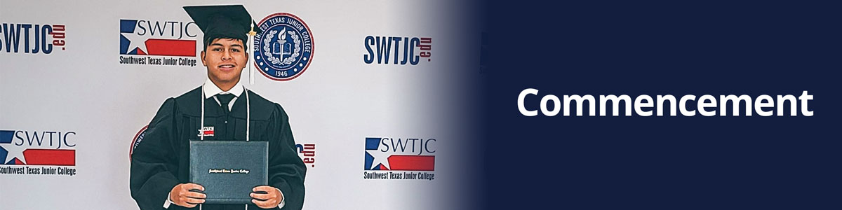 Image of a graduate standing in front of an SWTJC logo banner
