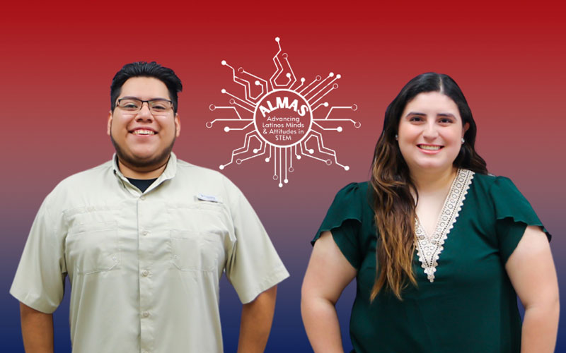 Andrea Valdez and Esteban Guereca pose for a photo with a gradient background and the ALMAS logo in the center.