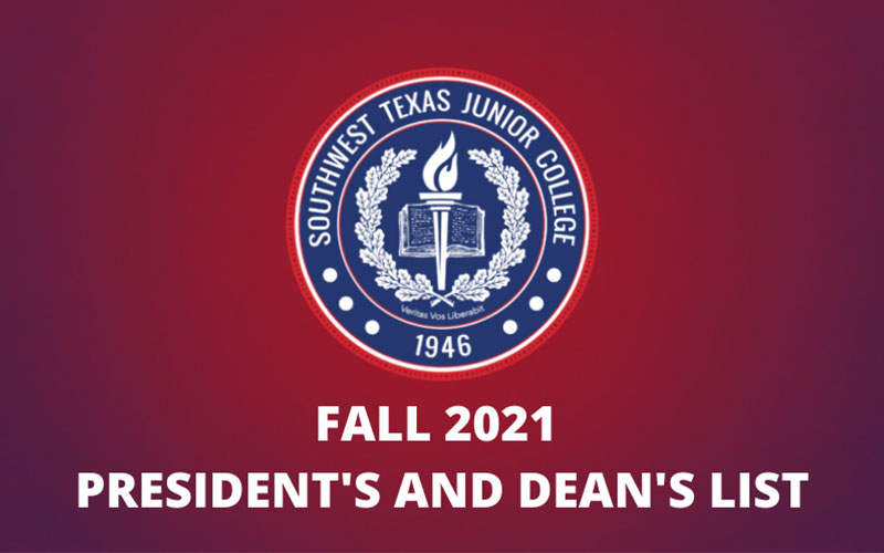 SWTJC seal on a dark red background with the title Fall 2021 President's and Dean's List 