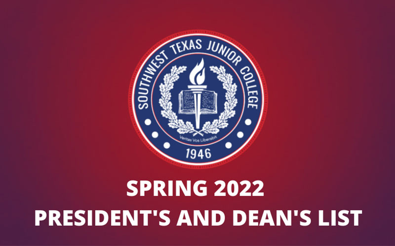 SWTJC seal logo on a red gradient background with the title Spring 2022 President's and Dean's List in white bold font